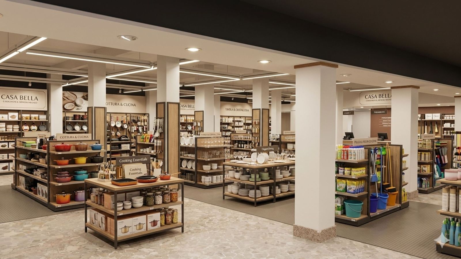 Rendering dell’interno del negozio di casalinghi con reparti cottura, tavola e pulizia