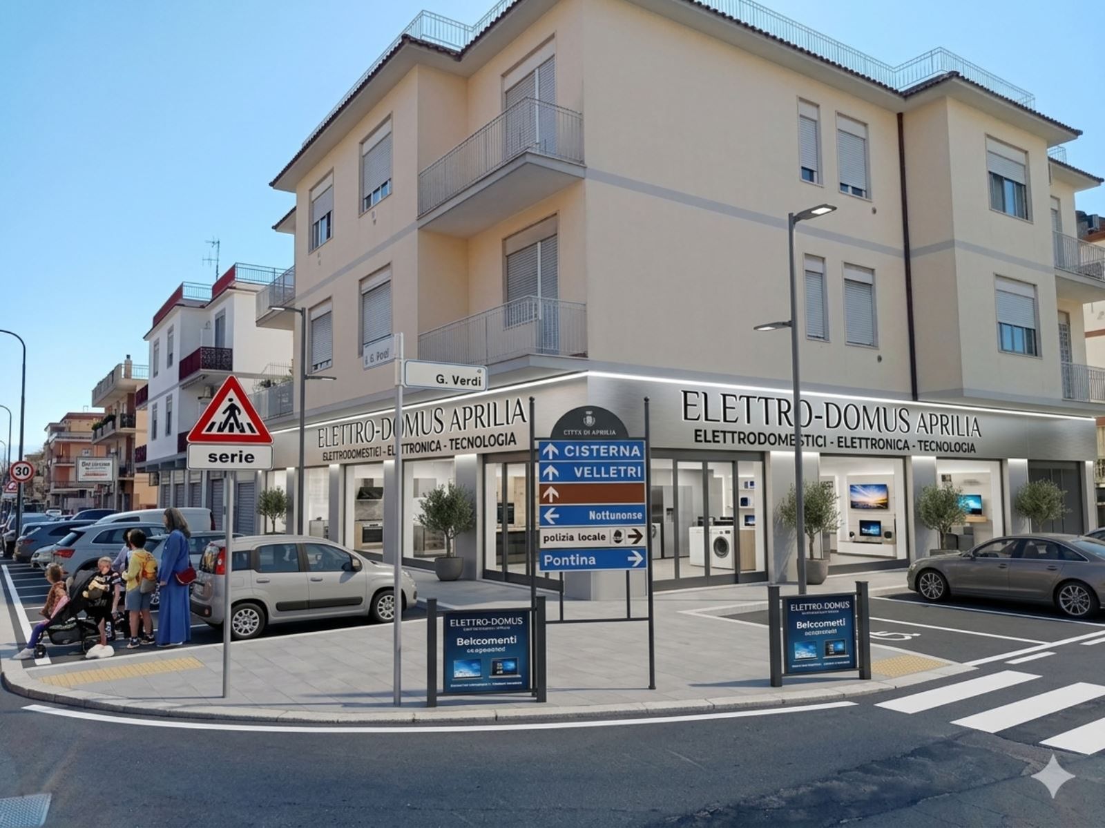 Rendering dell’esterno: negozio di elettrodomestici ed elettronica sull’angolo