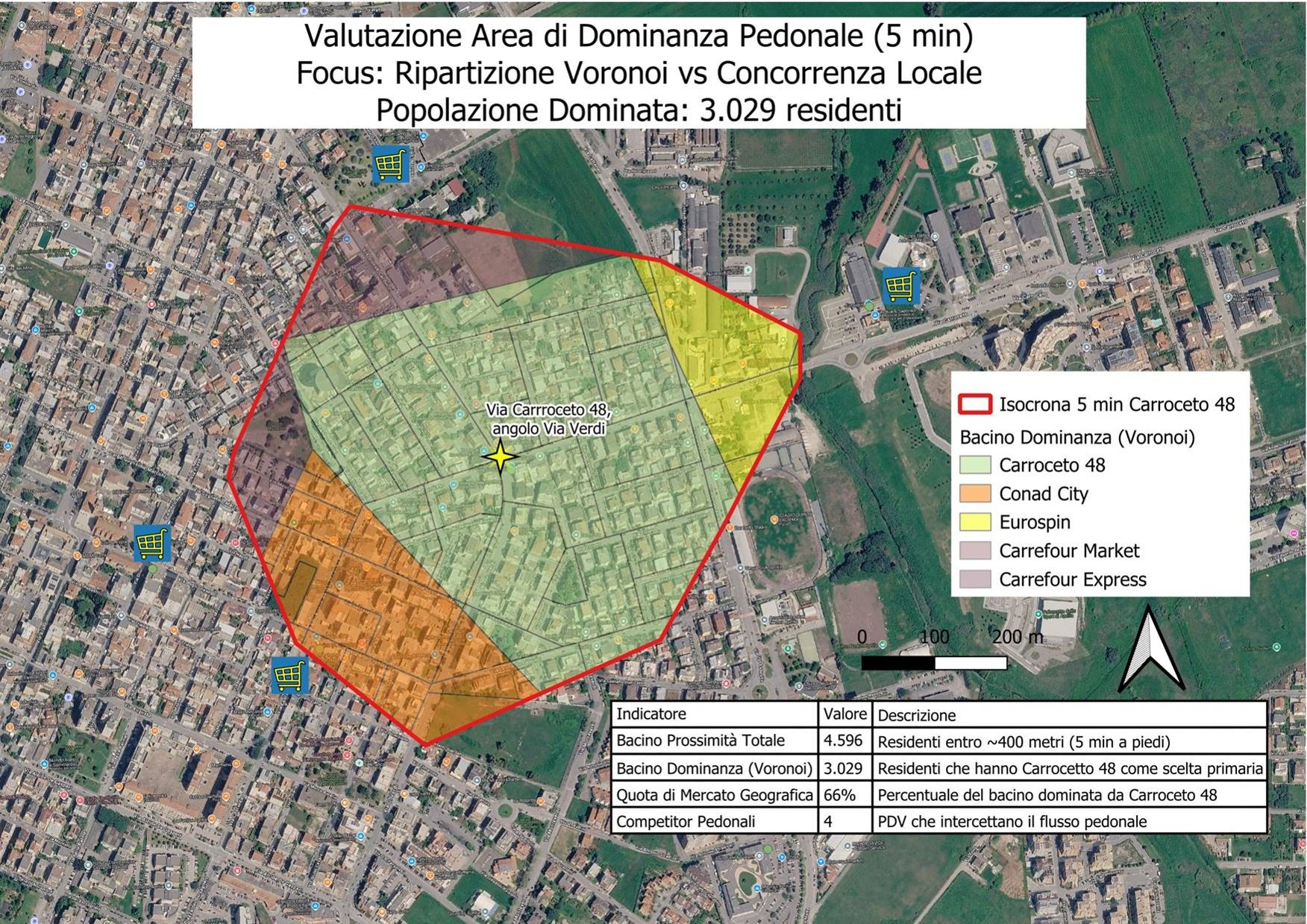 Mappa dell’area di dominanza pedonale: isocrona di 5 minuti a piedi e ripartizione Voronoi rispetto ai supermercati concorrenti