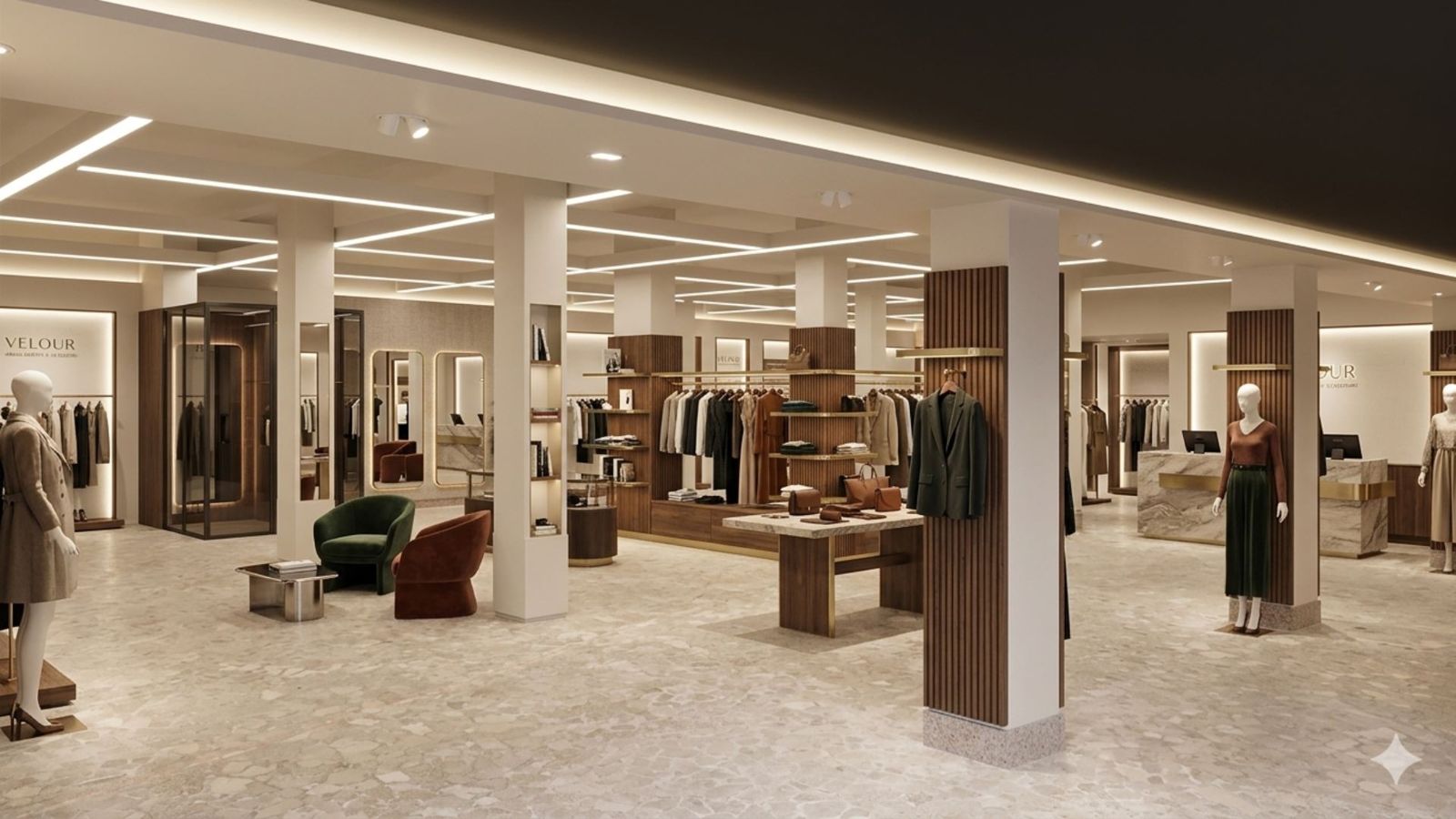 Rendering dell’interno dall’ingresso con cabina prova in vetro, specchi e banco cassa in marmo