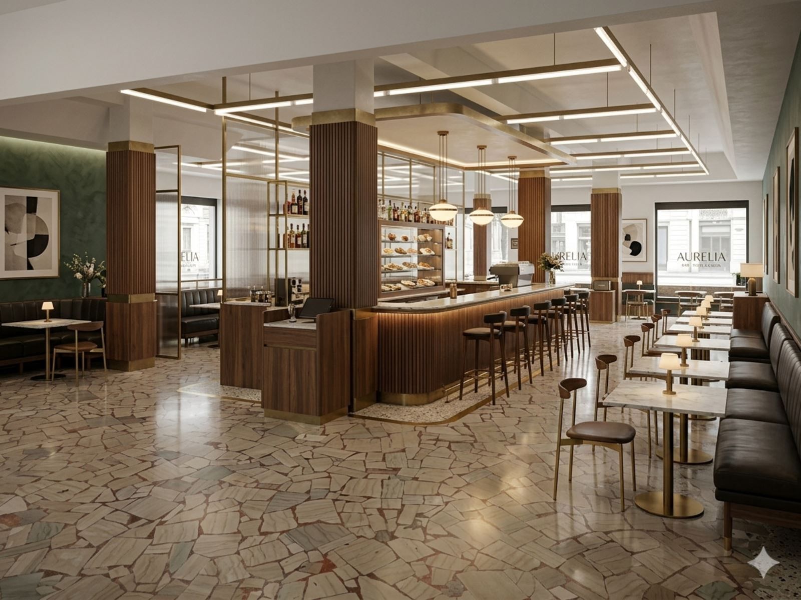 Rendering dell’interno del bar con bancone, sgabelli, vetrina di pasticceria e divanetti