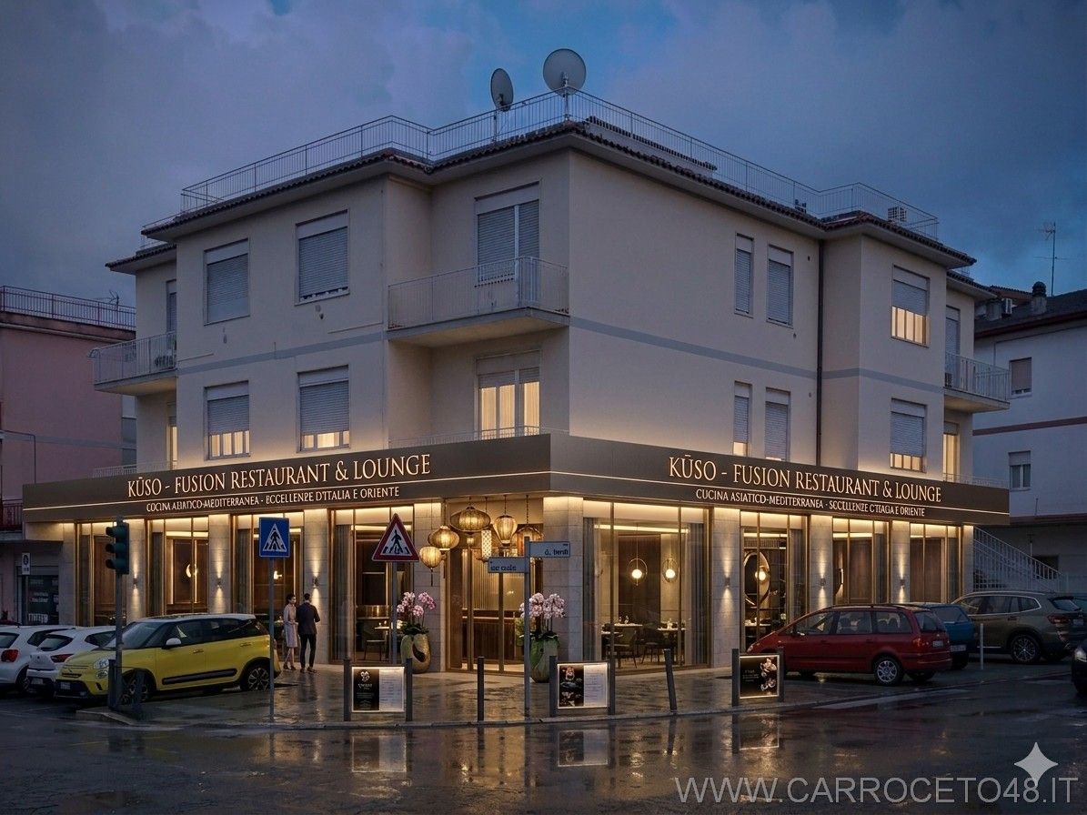 Rendering dell’esterno serale di un ristorante fusion con insegna illuminata