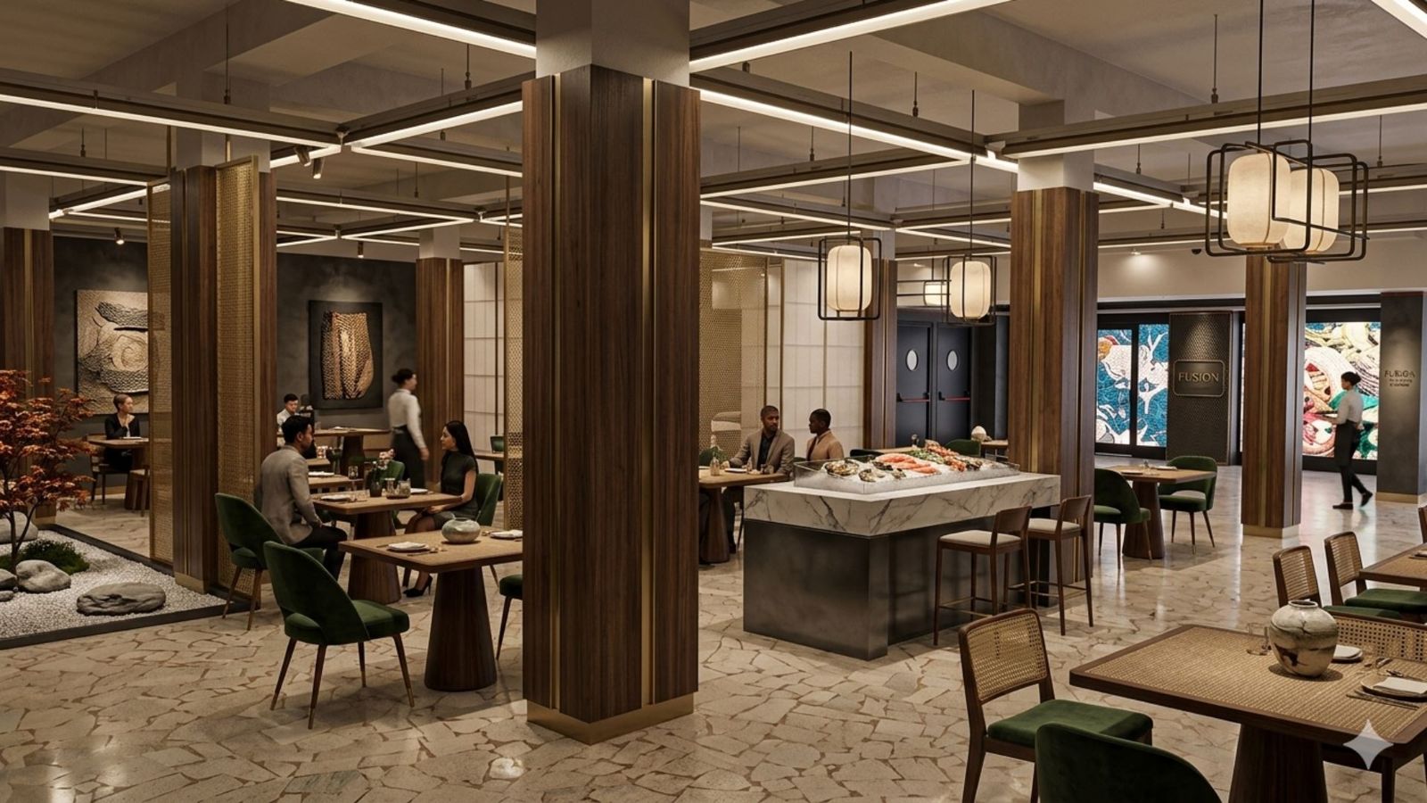 Rendering dell’interno del ristorante fusion con colonne in legno e ottone e isola del pesce